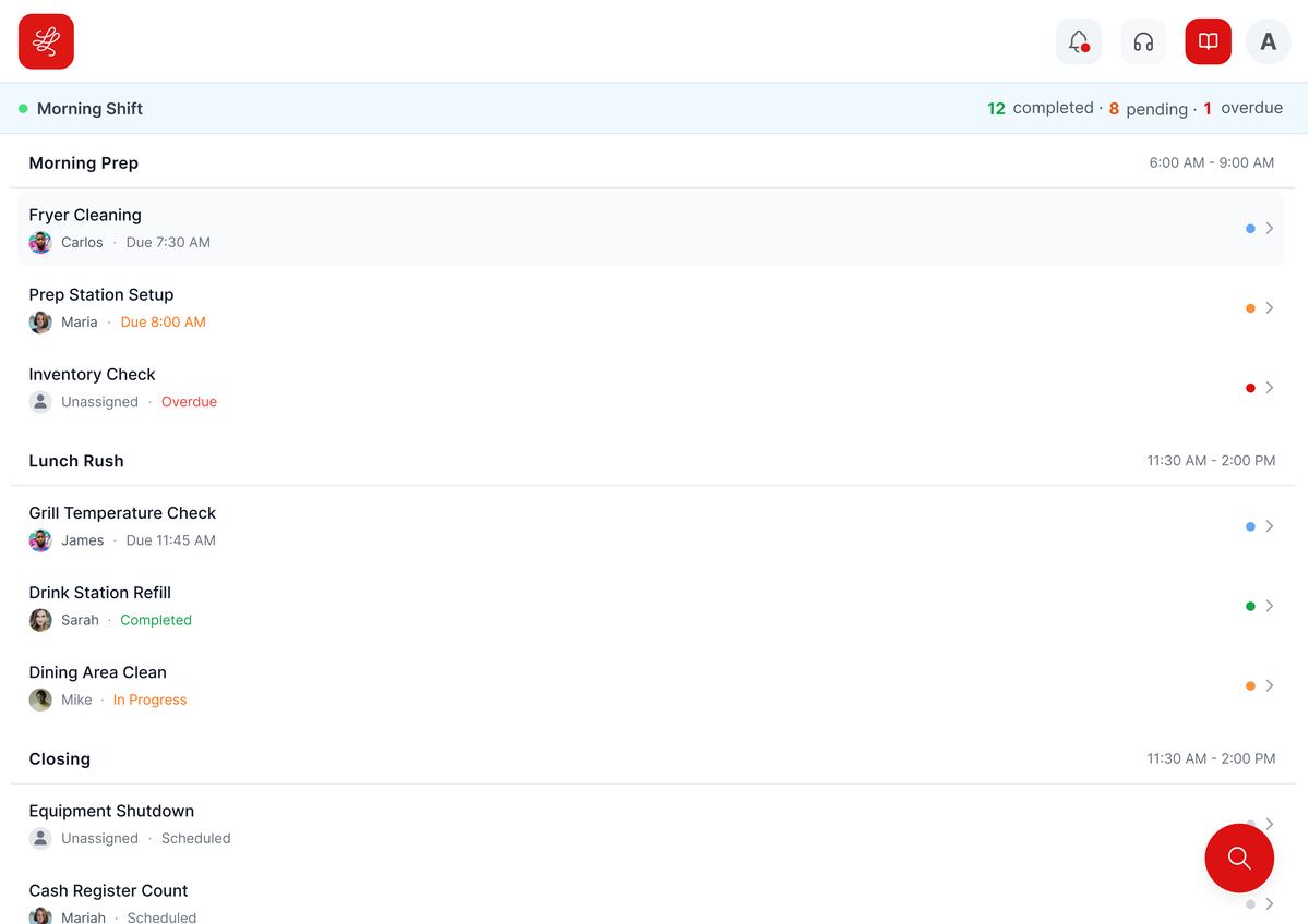 Line Lead shift view listing Morning Prep, Lunch Rush, and Closing tasks with owners, due times, and status